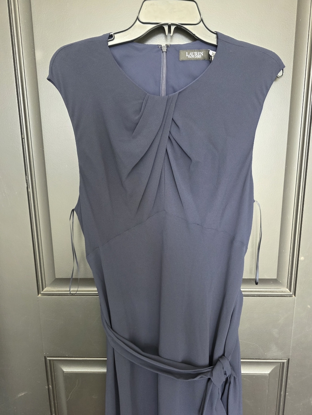 Lauren Ralph Lauren Navy Midi Dress Size 12 Women Belted Sleeveless NWT $145 - Picture 4 of 9